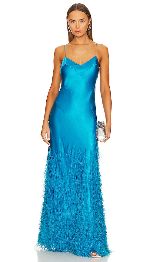 Cult Gaia Hansal Gown in Lake Blue Satin + Feathers