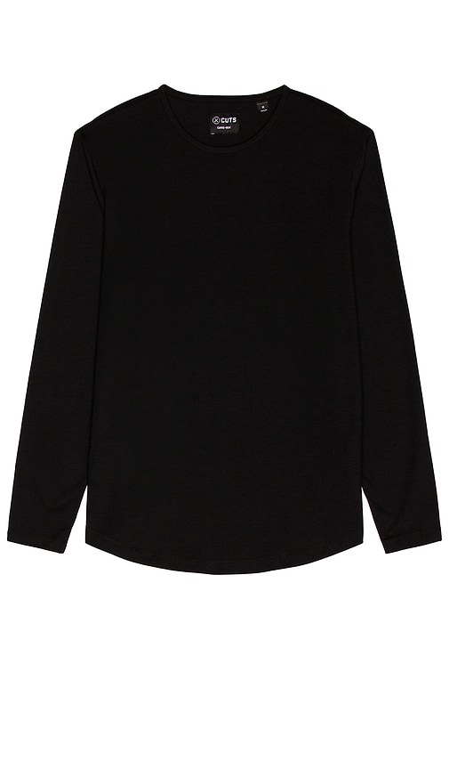 Cuts Long Sleeve Crew Curve Hem T-Shirt in Black