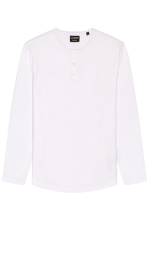 Cuts Long Sleeve Henley Curve Hem T-Shirt in White