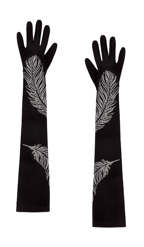 Shop David Koma Rhinestone Feather Long Gloves In 블랙 & 실버