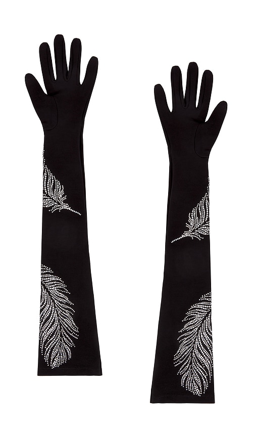 Shop David Koma Rhinestone Feather Long Gloves In 블랙 & 실버