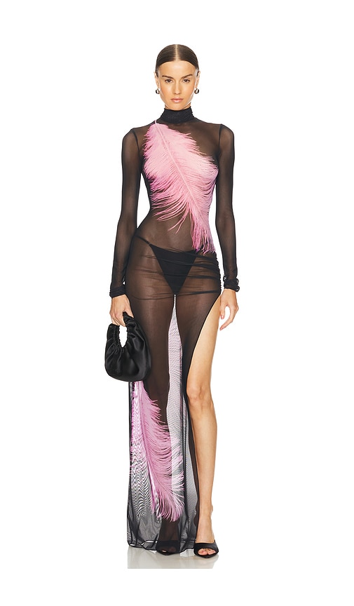 David Koma Feather Printed Long Sleeve Mesh Gown in Black & Pink