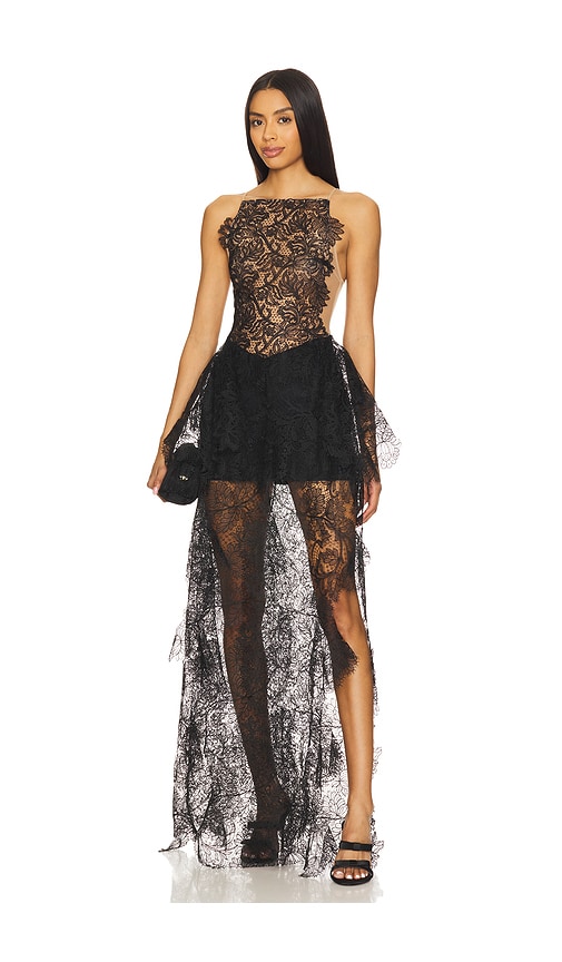 David Koma Open Side Lace Ruffle Gown in Black | REVOLVE