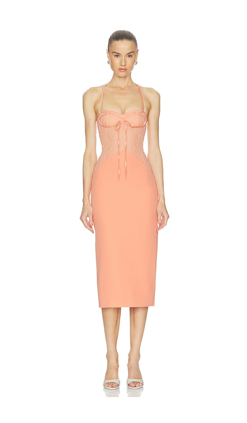 David Koma Fabric Contrast Pencil Skirt Midi Dress in Peach
