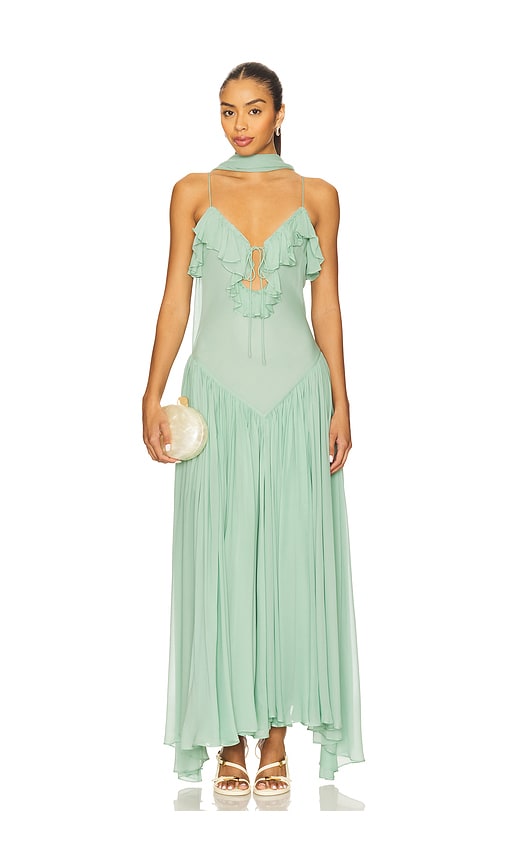 de la vali green corset dress De La Vali Cleodora Silk Corset Maxi Gown