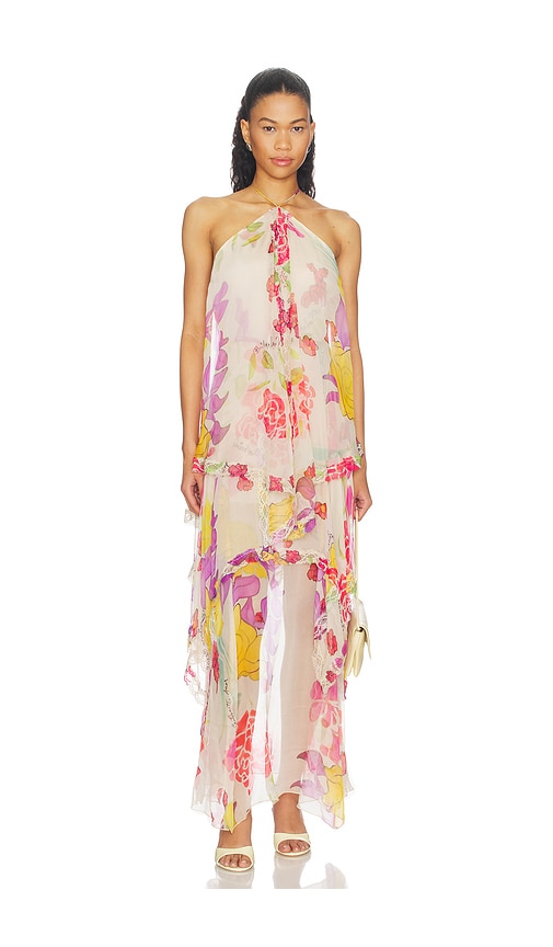 Donde Esteban Flores Silk Chiffon Long Halter Dress - Women's Clothing
