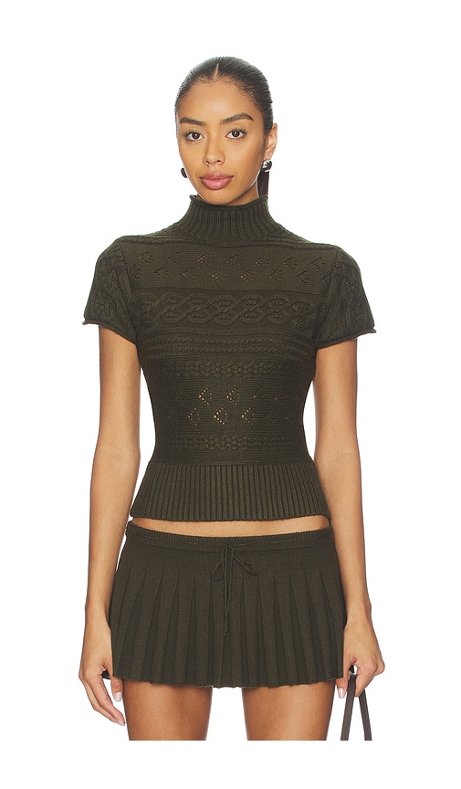 GUIZIO Cable Knit Turtleneck Top en Olive. Taille S. Also en XXS, XS, M, L, XL.