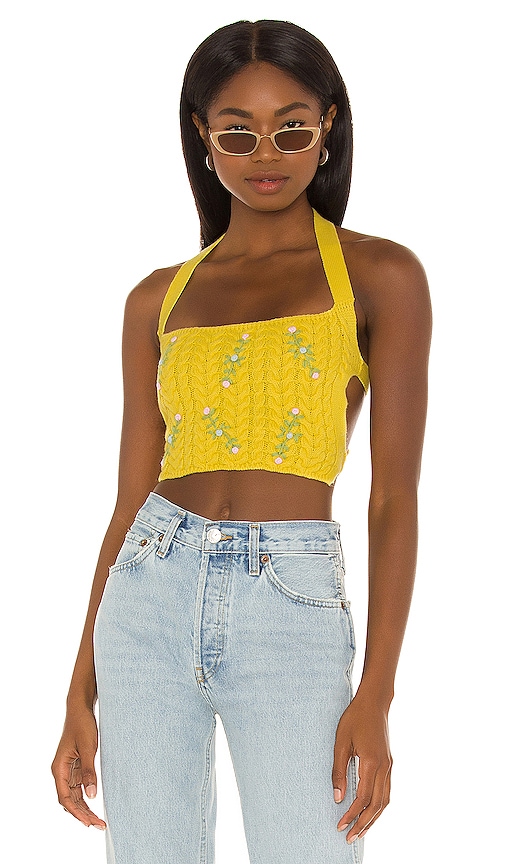 GUIZIO Cable Knit Floral Embroidered Halter Top in Dandelion
