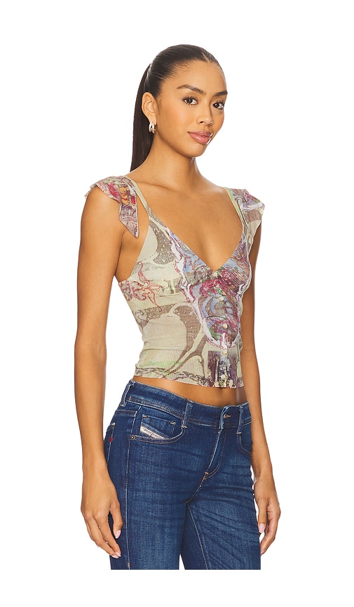 Diesel Ruffle-shoulder Knit Top With Medieval Print In Multi