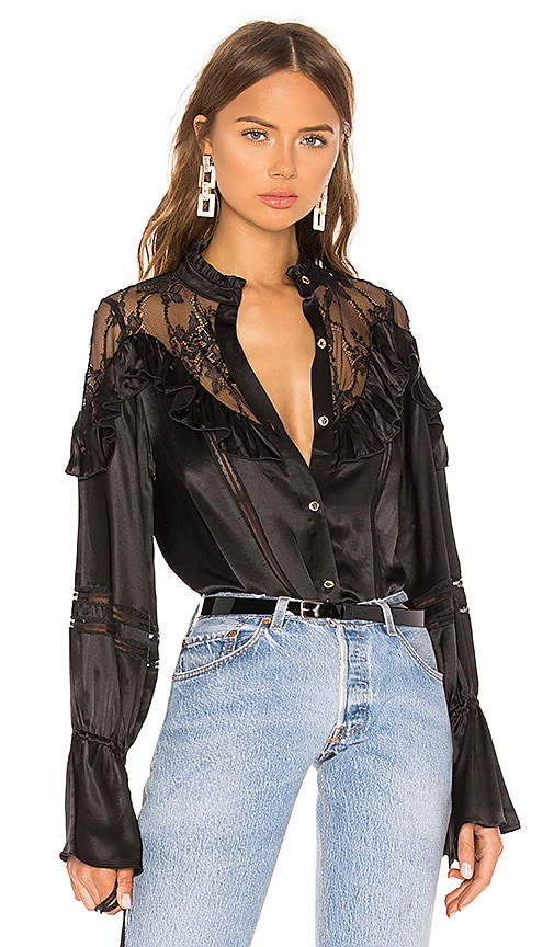 Divine Heritage Lace Yolk Ruffle Blouse in Onyx | REVOLVE