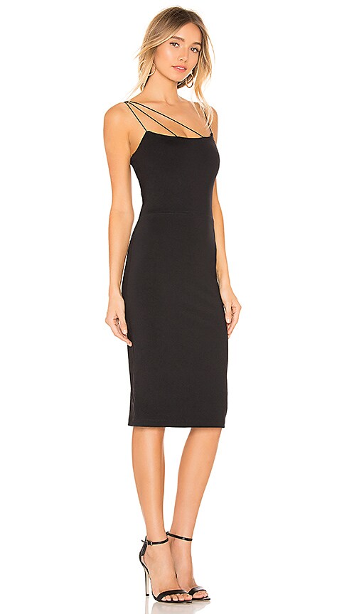 david lerner asymmetrical strap midi dress