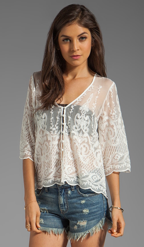 Jinger Silk Embroidery Long Sleeve Button Down Blouse
