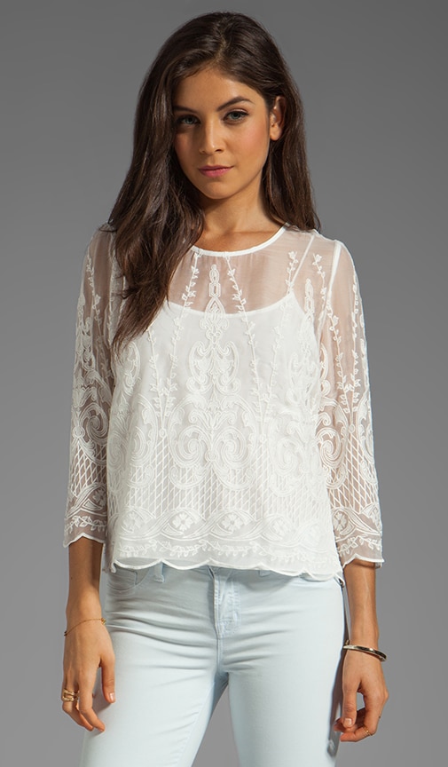 Deidra Silk Embroidery Long Sleeve Blouse with Back Buttons