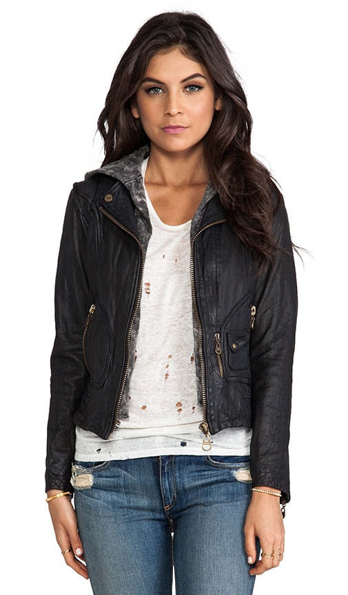 DOMA Vintage Zip Out Hood Leather Jacket in Black | REVOLVE