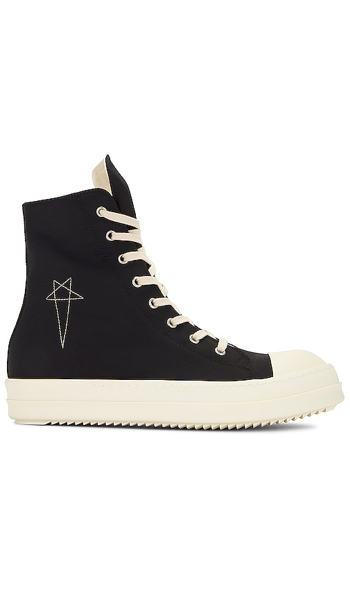 DRKSHDW by Rick Owens High Top Sneaks with Pentagram Embroidery in Black & Pearl