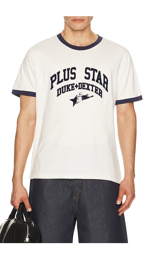 Duke + Dexter Plus Star Flock Printed Ringer Tee In White