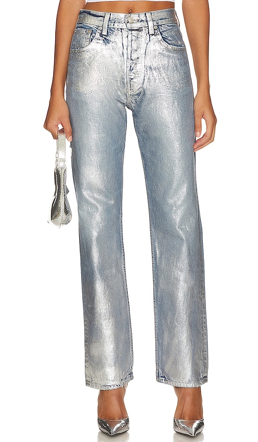 STRAIGHT MID-RISE JEANS WITH FOIL DETAIL - Dark silver