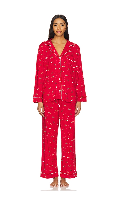 eberjey Gisele Printed Long PJ Set in Winter Wonderland Haute Red & Ivory
