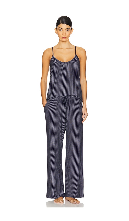 Shop Eberjey Gisele Printed Cami And Pant Set In Duo Stripe True Navy & Ivory