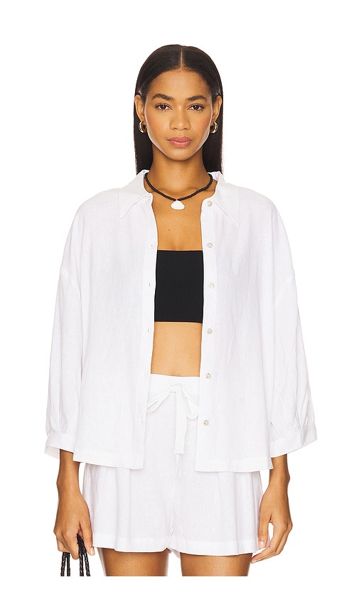 Linen Blend Relaxed Sleeve Top in White. - size S (also in L, M)