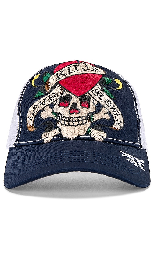 Ed Hardy Heart Skull Hat In Navy & White