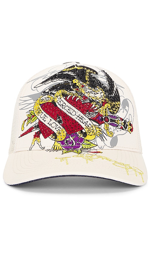 Shop Ed Hardy Pierced Eagle Rhinestone Trucker Hat In 象牙白
