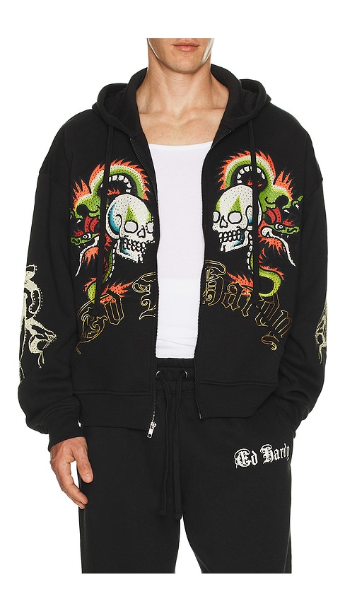 Ed Hardy Dragon Skulls Rhinestone Zip Hoodie
