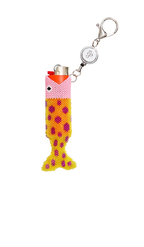 Edie Parker Beaded Fish Retractable Lighter Keychain in Pink.