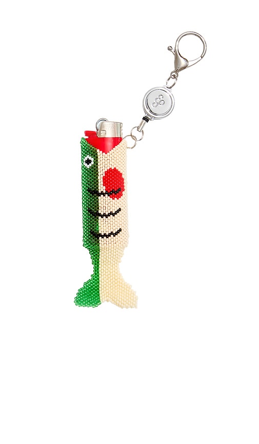 Edie Parker Beaded Fish Retractable Lighter Keychain in Green.