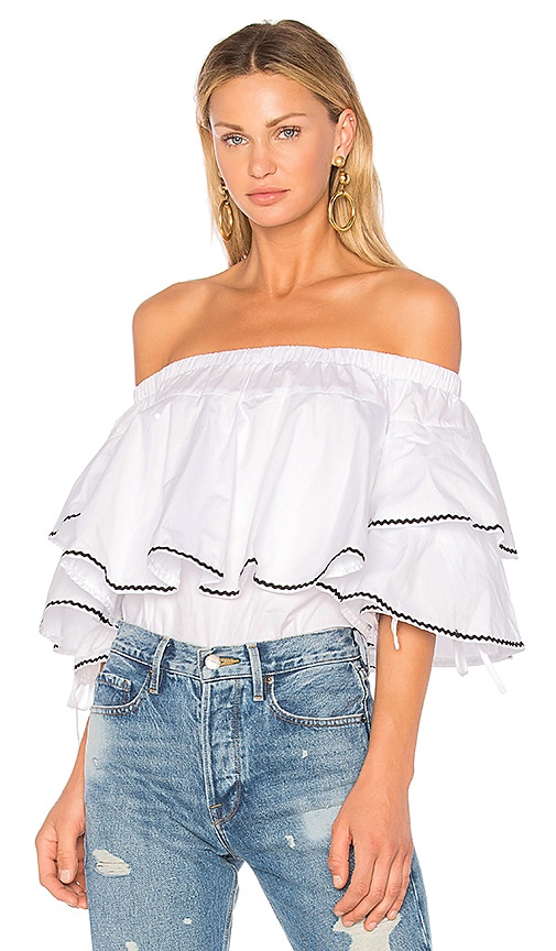 white ruffle off the shoulder top