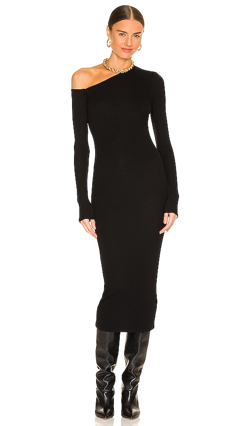 Enza Costa Angled Neck Long Sleeve Midi in Black