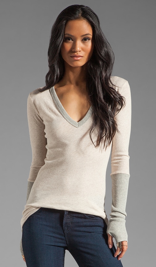 Cashmere Colorblock Cuffed V Neck Sweater