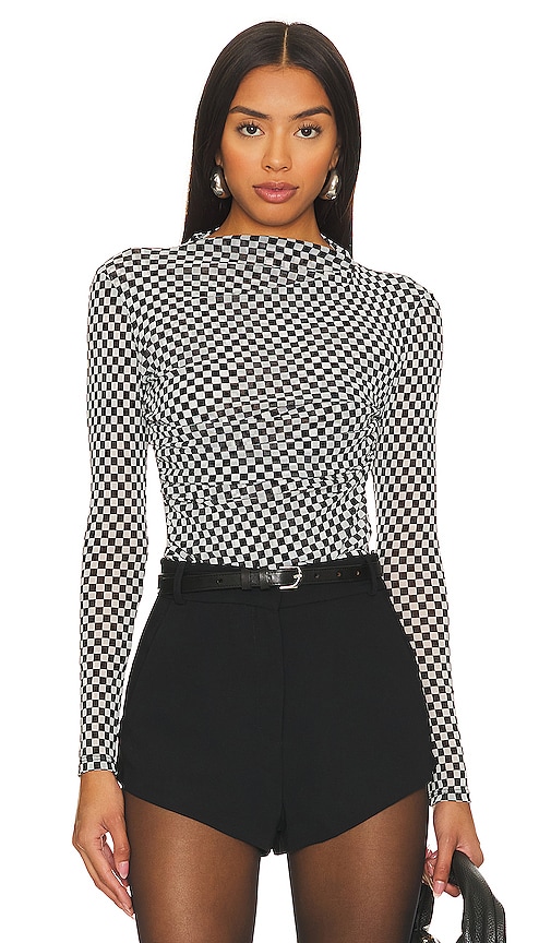 Enza Costa Mesh Long Sleeve Twist Top in Black & White Checker