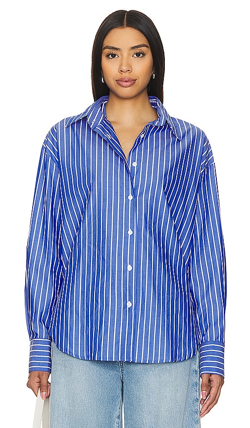 Enza Costa Poplin Long Sleeve Shirt in Blue & White