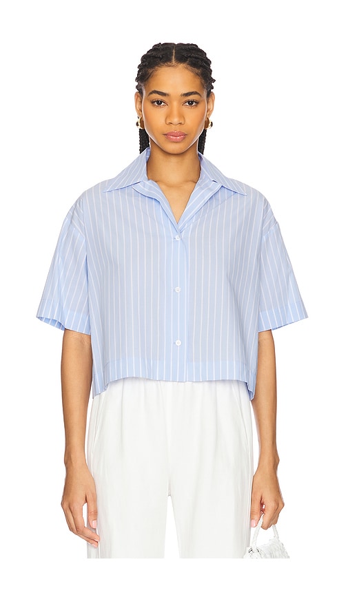 Enza Costa Cropped Short Sleeve Shirt in Light Blue & White