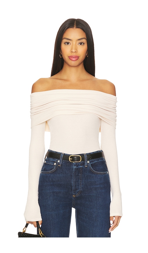 Enza Costa Silk Rib Long Sleeve Off-shoulder Top In Brown