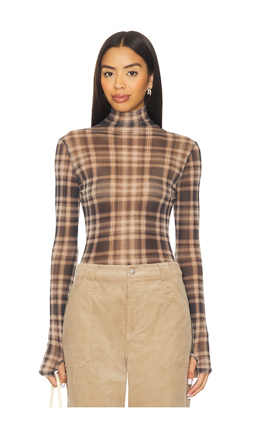 Enza Costa Plaid Mesh Long Sleeve Turtleneck Top