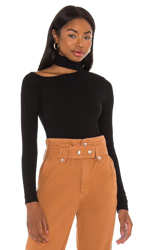 Enza Costa Brushed Supima Cotton Detatched Mockneck Angled Long Sleeve Top in Black | REVOLVE