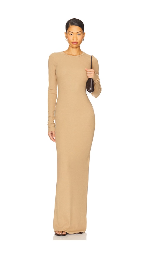 Eterne Long Sleeve Crewneck Butter Rib Maxi Dress in Taupe. - size XL (also in L, M, S, XS)