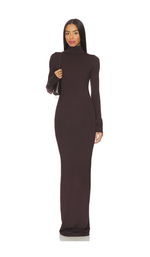 Éterne Long Sleeve Turtleneck Soft Jersey Maxi Dress In Brown