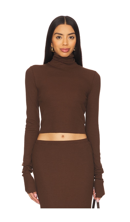 Eterne Cropped Fitted Turtleneck Top in Chocolate. - size XL (also in L, M)