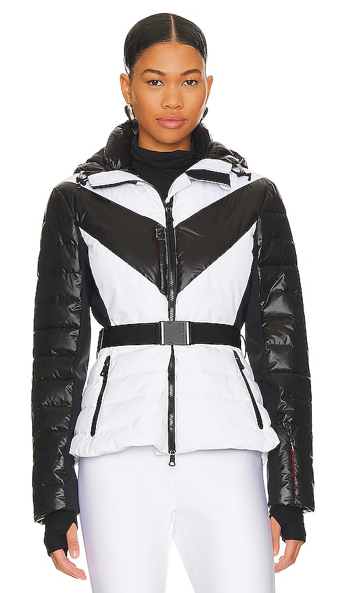 Erin Snow Kat Hooded Belted Striped Recycled Eco Sporty Ski Jacket In White