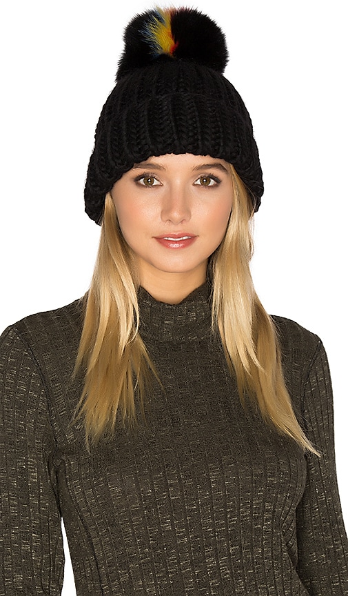 Eugenia Kim Rain Beanie With Fox Fur Pompom in Black