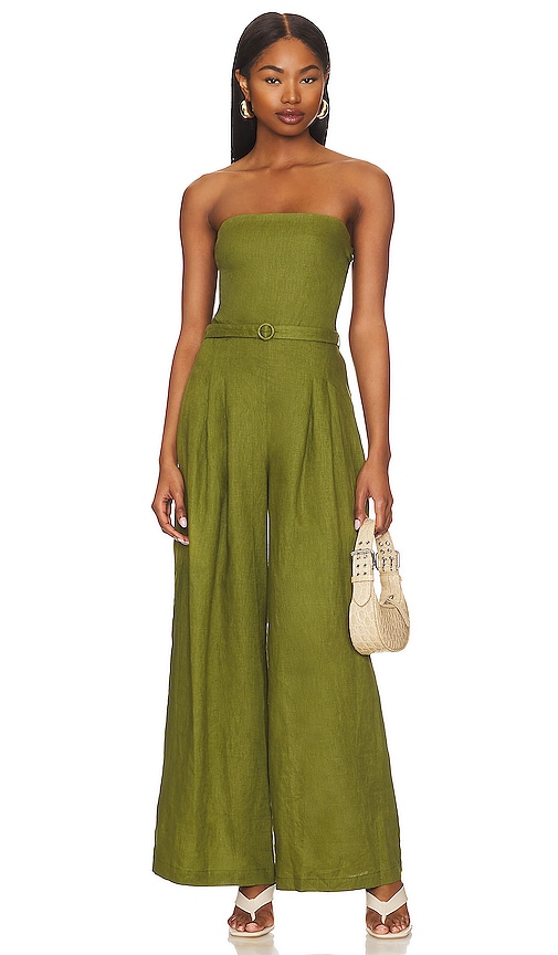 Faithfull The Brand Alegrias Strapless Belted Linen Jumpsuit In Green