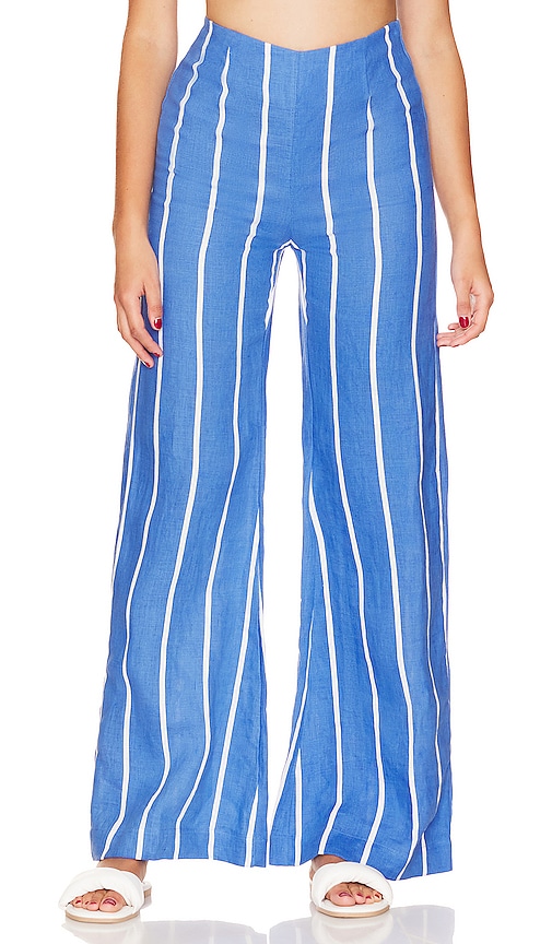 Faithfull The Brand La Plage De Mau Striped Linen Flared Pants In Blue