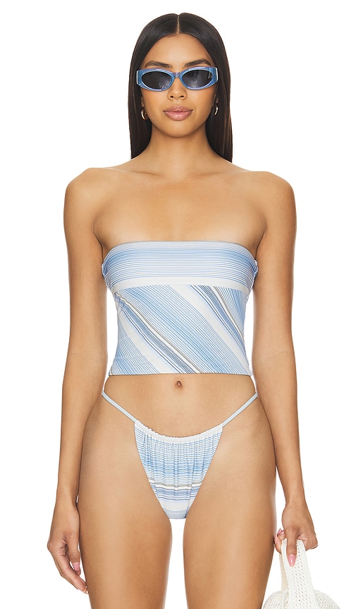 Shop Faithfull The Brand Jean Swim Top In Futura Stripe & Sky Blue