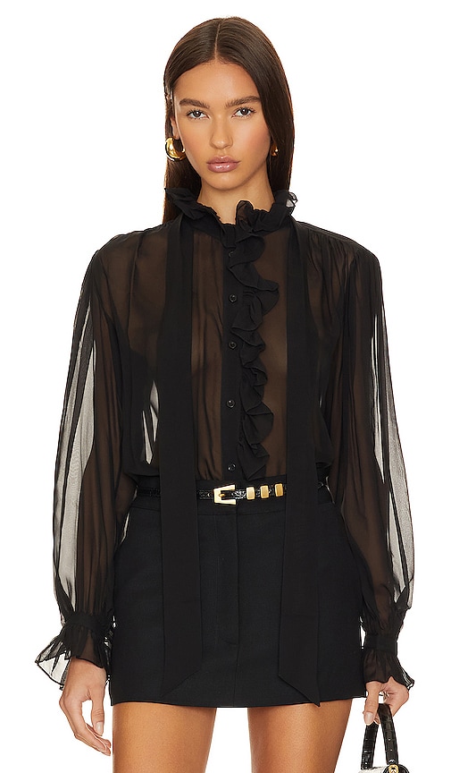 FRAME Ruffle Front Button Up Shirt in Black.