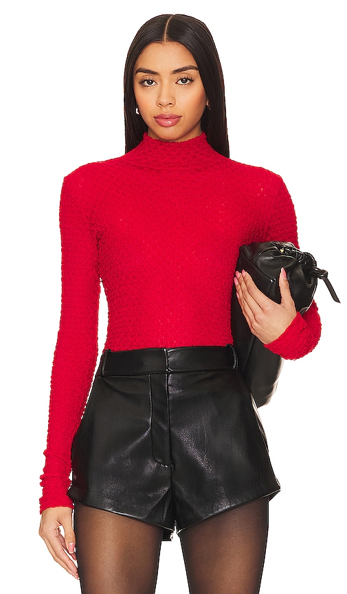 Frame Mesh Lace Turtleneck In Cherry Red