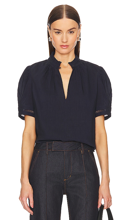 FRAME Ruffle Collar Inset Lace Top in Navy