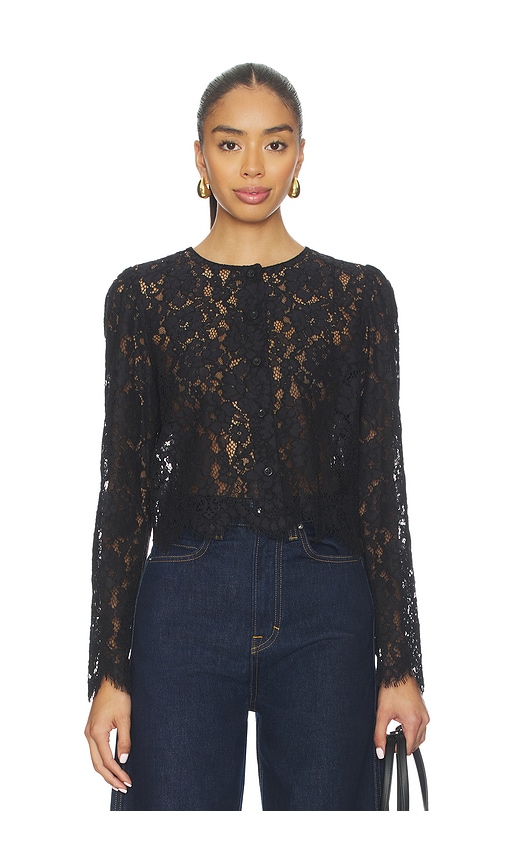 Frame Sheer Crop Organic Cotton Blend Eyelash Lace Button-up Shirt In Black
